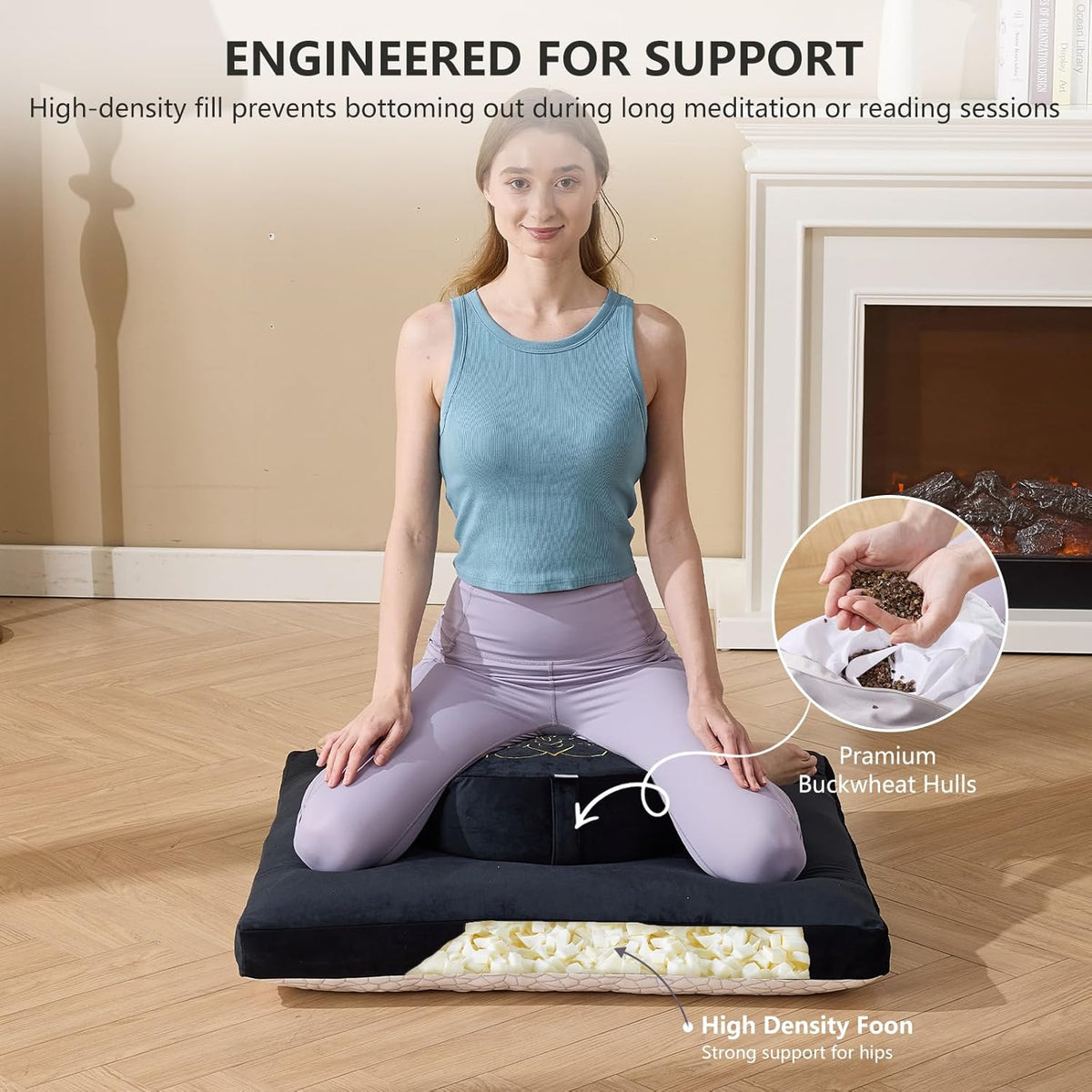 Meditation Cushion Set, Reversible Warm & Cooling Floor Pillow, Adjustable Floor Pillow for Yoga, Meditation & Sitting,Buckwheat Filling (Ink Black)