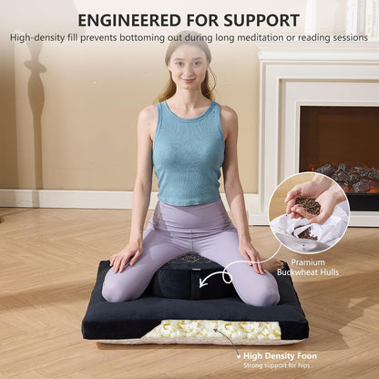 Meditation Cushion Set, Reversible Warm & Cooling Floor Pillow, Adjustable Floor Pillow for Yoga, Meditation & Sitting,Buckwheat Filling (Ink Black)