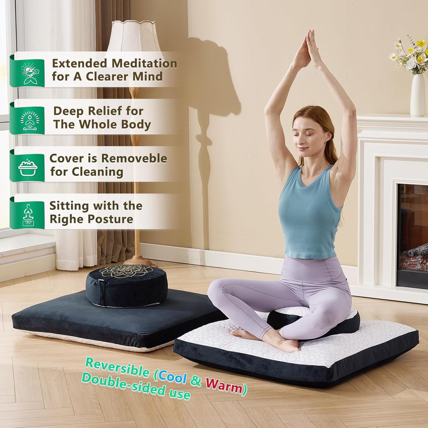 Meditation Cushion Set, Reversible Warm & Cooling Floor Pillow, Adjustable Floor Pillow for Yoga, Meditation & Sitting,Buckwheat Filling (Ink Black)