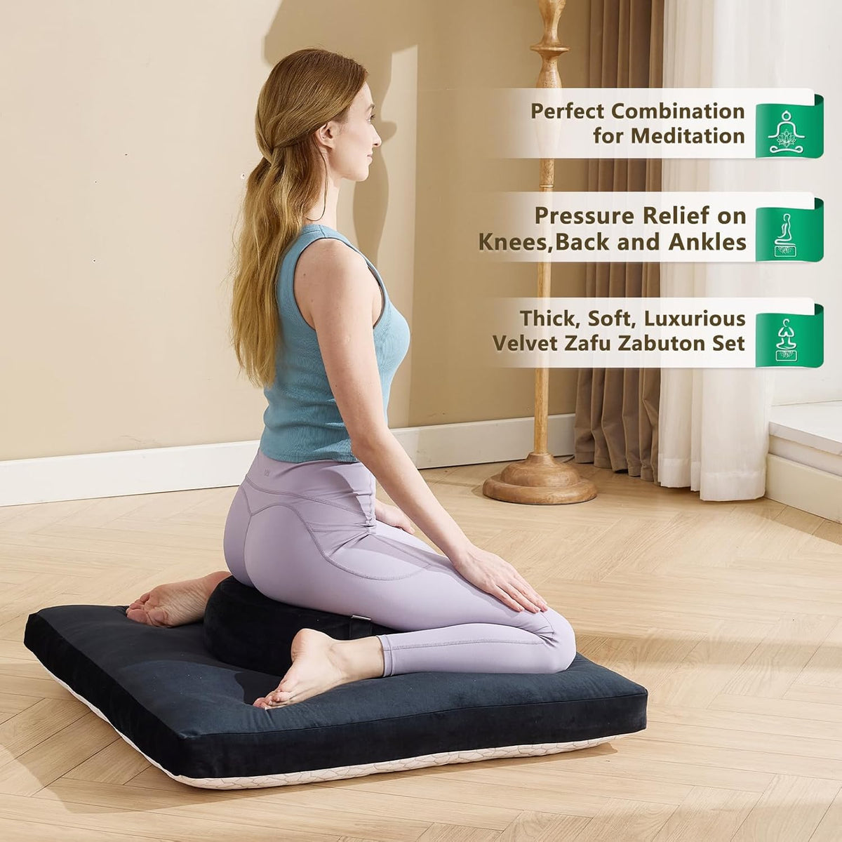Meditation Cushion Set, Reversible Warm & Cooling Floor Pillow, Adjustable Floor Pillow for Yoga, Meditation & Sitting,Buckwheat Filling (Ink Black)