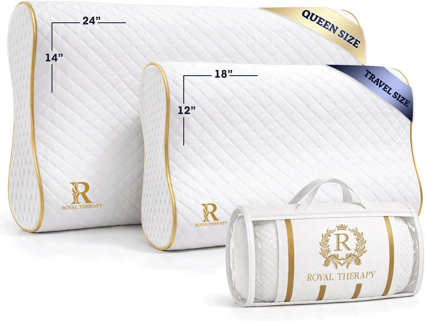 Memory Foam Pillow, Queen Neck Pain Relief, Contour Cervical Pillow, for Neck and Shoulder Pain, Side, Back and Stomach Sleeper, 24x14x5 inches
