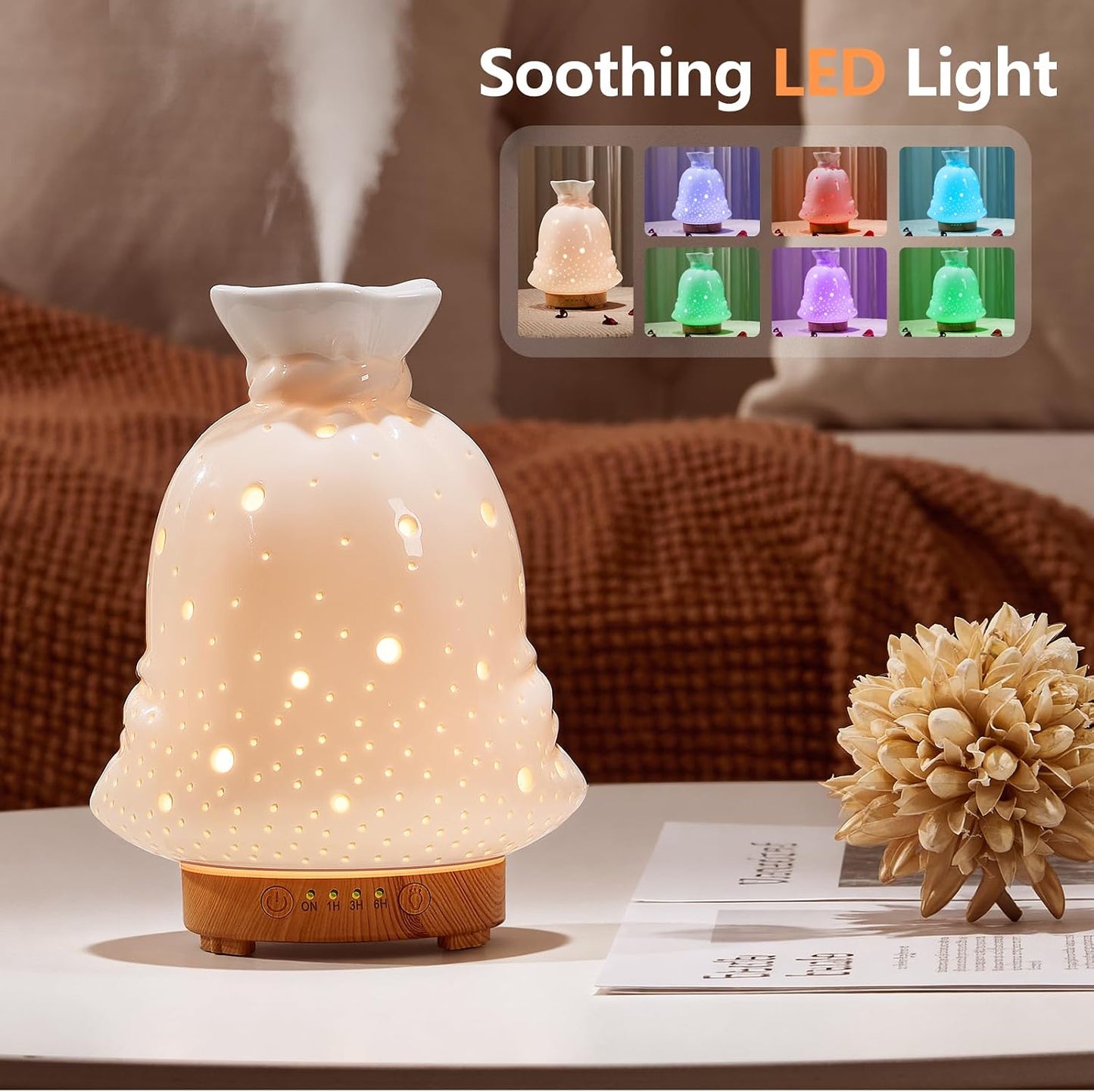 Essential Oil Diffuser Hand Blown Glass Aromatherapy Diffuser - Ultrasonic Cool Mist Scent Aroma Diffuser, Whisper Quiet with Auto Shut-Off, Timer Setting &7 Colors Night Light for Home