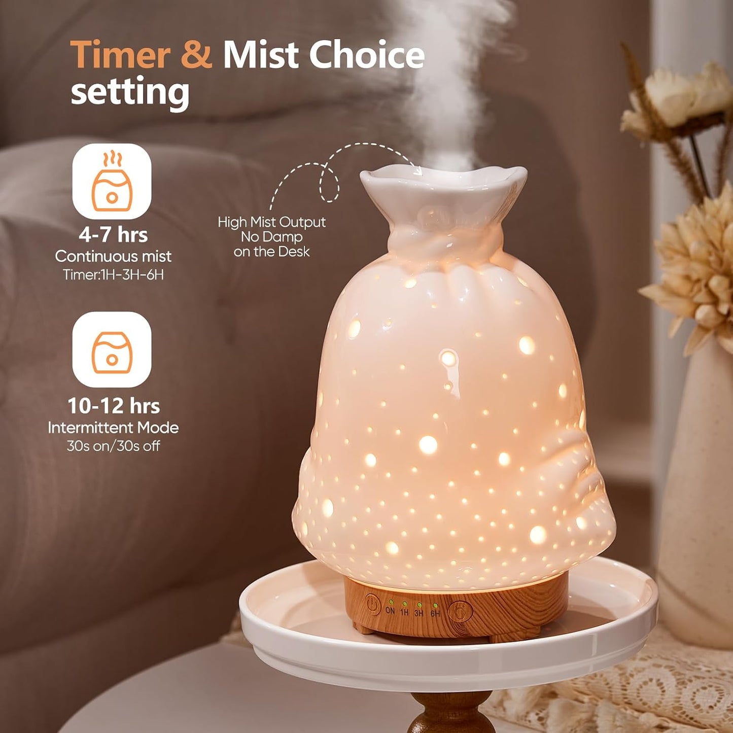 Essential Oil Diffuser Hand Blown Glass Aromatherapy Diffuser - Ultrasonic Cool Mist Scent Aroma Diffuser, Whisper Quiet with Auto Shut-Off, Timer Setting &7 Colors Night Light for Home