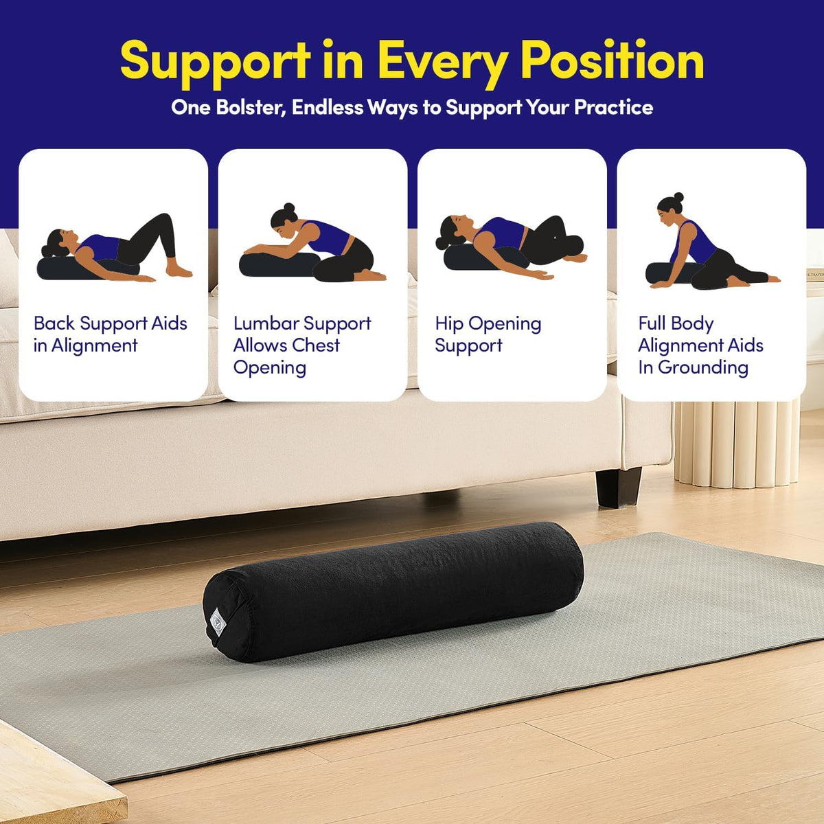 Meditation Cushion Bolster Pillow for Restorative Yoga – Supportive Cushion for Meditation, Pilates, and Relaxation – Filled with Buckwheat Hulls - Removable Cover