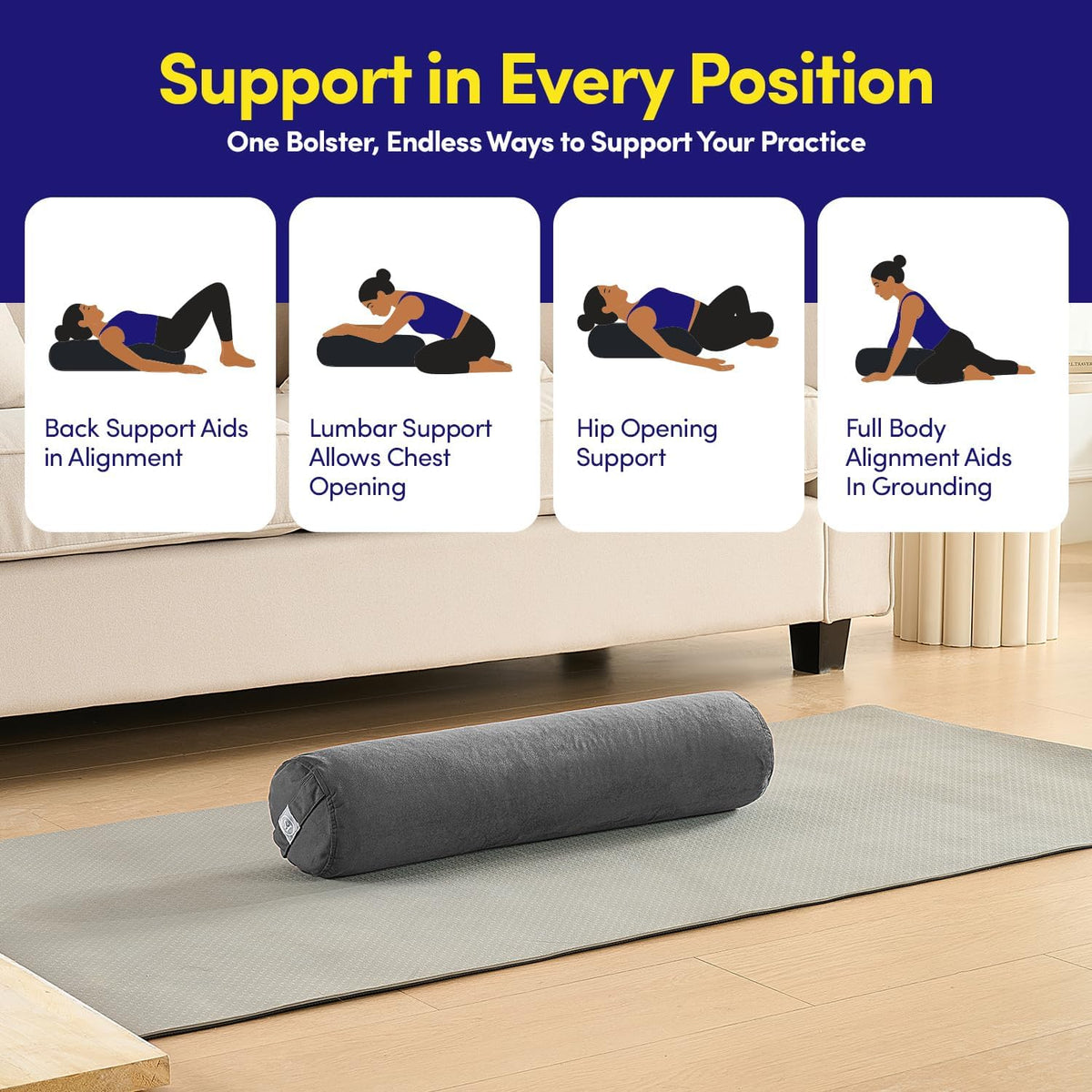 Meditation Cushion Bolster Pillow for Restorative Yoga – Supportive Cushion for Meditation, Pilates, and Relaxation – Filled with Buckwheat Hulls - Removable Cover