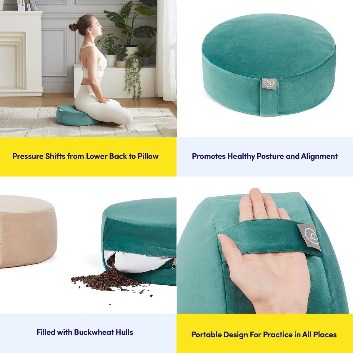Meditation Cushion Bolster Pillow for Restorative Yoga – Supportive Cushion for Meditation, Pilates, and Relaxation – Filled with Buckwheat Hulls - Removable Cover