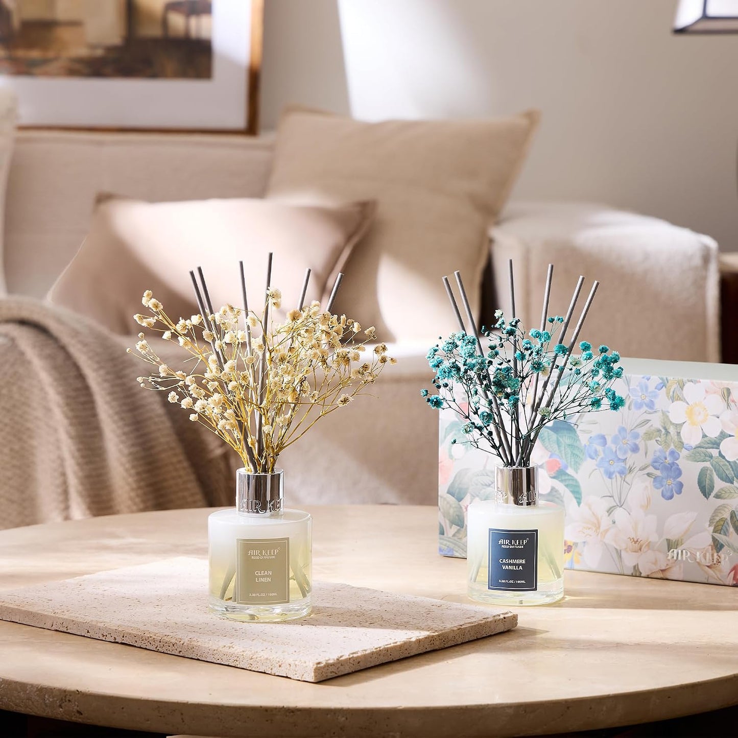 Reed Diffuser Set,3.38 fl oz (100 ml) - Clean Linen Oil Diffusers with 8 Reed Sticks,Home Fragrance Reed Diffuser for Bathroom Shelf Decor