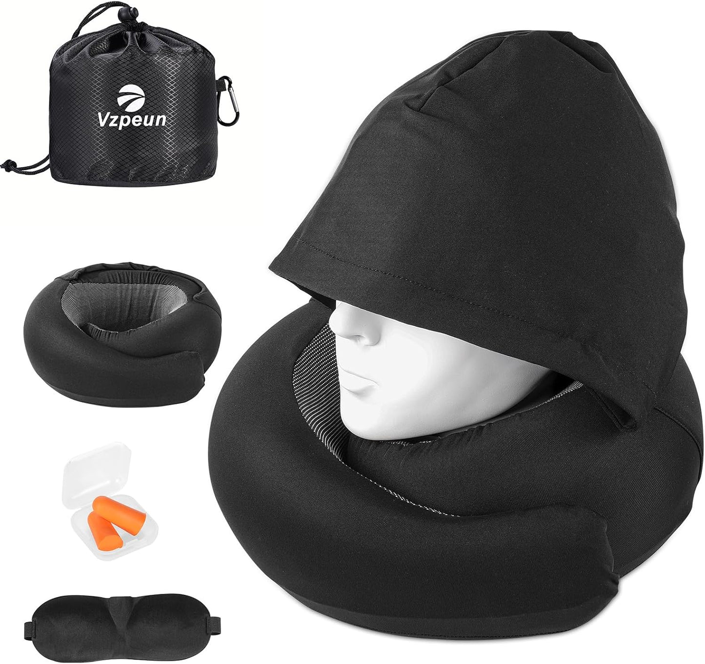 Travel Pillow - Hooded Neck Pillow Airplane Memory Foam Filling