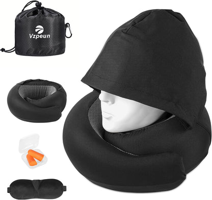 Travel Pillow - Hooded Neck Pillow Airplane Memory Foam Filling