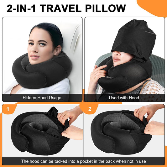 Travel Pillow - Hooded Neck Pillow Airplane Memory Foam Filling