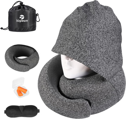Travel Pillow - Hooded Neck Pillow Airplane Memory Foam Filling