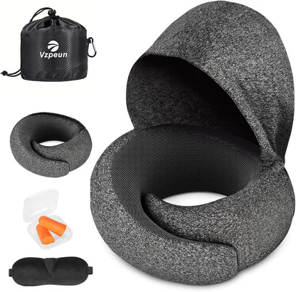 Travel Pillow - Hooded Neck Pillow Airplane Memory Foam Filling