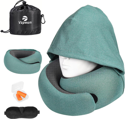 Travel Pillow - Hooded Neck Pillow Airplane Memory Foam Filling