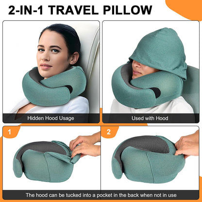 Travel Pillow - Hooded Neck Pillow Airplane Memory Foam Filling
