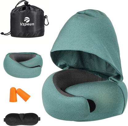 Travel Pillow - Hooded Neck Pillow Airplane Memory Foam Filling