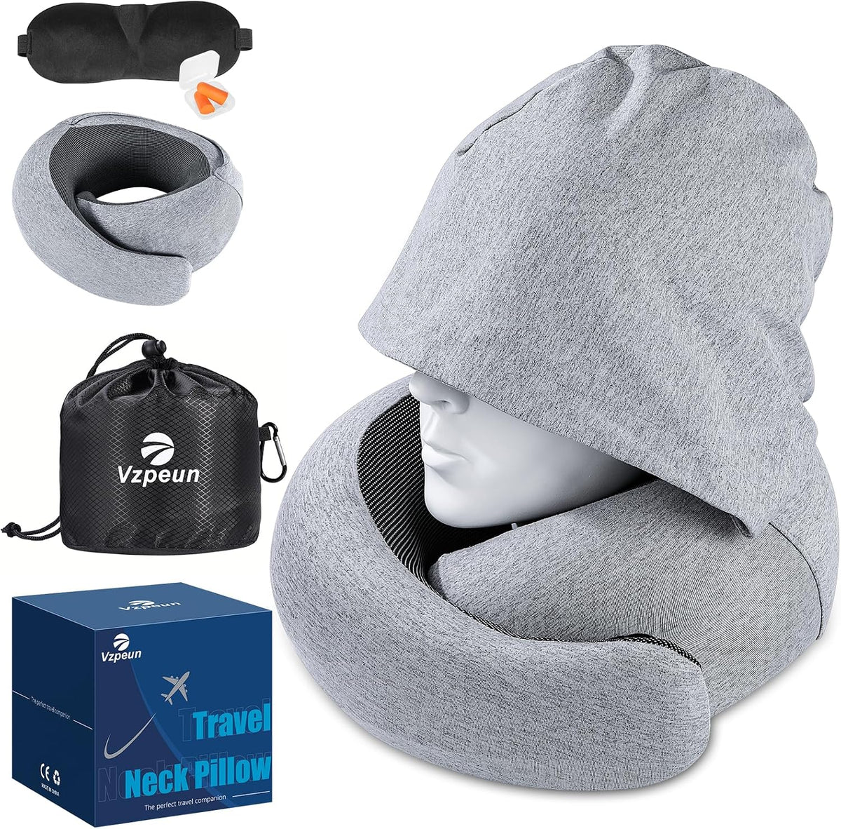 Travel Pillow - Hooded Neck Pillow Airplane Memory Foam Filling