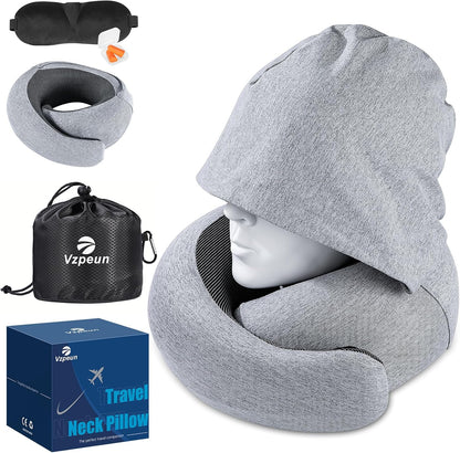 Travel Pillow - Hooded Neck Pillow Airplane Memory Foam Filling