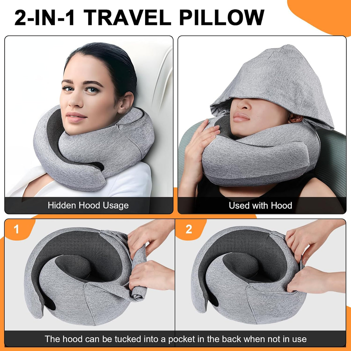 Travel Pillow - Hooded Neck Pillow Airplane Memory Foam Filling