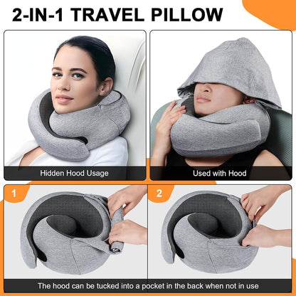Travel Pillow - Hooded Neck Pillow Airplane Memory Foam Filling