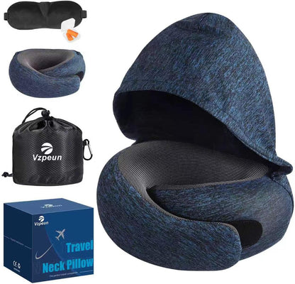 Travel Pillow - Hooded Neck Pillow Airplane Memory Foam Filling