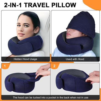 Travel Pillow - Hooded Neck Pillow Airplane Memory Foam Filling