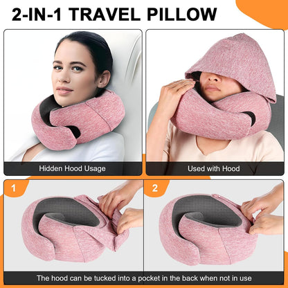 Travel Pillow - Hooded Neck Pillow Airplane Memory Foam Filling