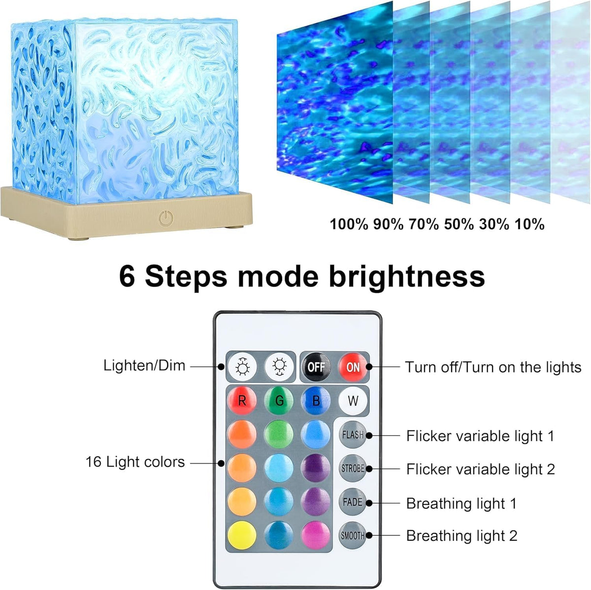 Ocean Wave Projector Light - 16-Color Luminorthe Cube Lamp with Remote, 3D Holographic Water Ripple Romantic Ambient Lighting for Child's Room, Meditation, Relaxation & Night Light