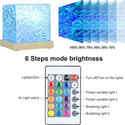 Ocean Wave Projector Light - 16-Color Luminorthe Cube Lamp with Remote, 3D Holographic Water Ripple Romantic Ambient Lighting for Child's Room, Meditation, Relaxation & Night Light
