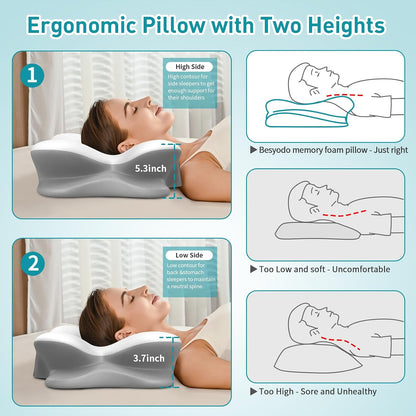 Cervical Neck Pillow for Pain Relief - Ergonomic Pillow for Neck Support, Contour Memory Foam Pillows for Sleeping, Orthopedic Bed Pillow for Side Back Stomach Sleepers(Blue)