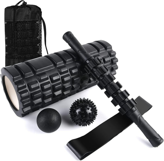 Aucuu 6 in 1 Foam Roller Set Includes Hollow Core Massage Roller, Yoga Stick, Massage Ball, Fitness Stretching Strap, Carrying Bag, Towel, Massage Roller (Orange)