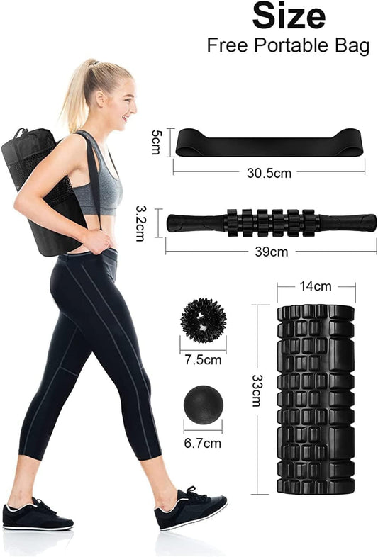 Aucuu 6 in 1 Foam Roller Set Includes Hollow Core Massage Roller, Yoga Stick, Massage Ball, Fitness Stretching Strap, Carrying Bag, Towel, Massage Roller (Orange)