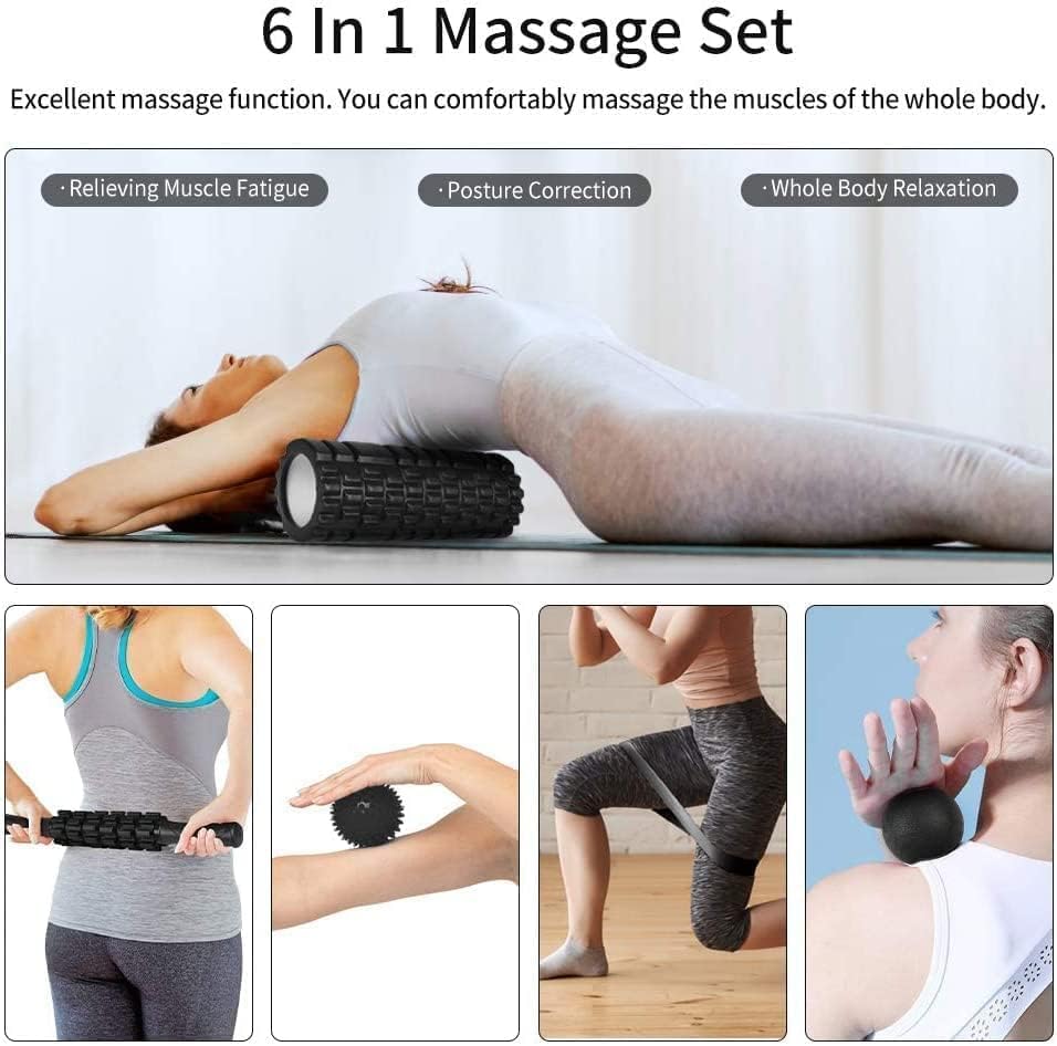 Aucuu 6 in 1 Foam Roller Set Includes Hollow Core Massage Roller, Yoga Stick, Massage Ball, Fitness Stretching Strap, Carrying Bag, Towel, Massage Roller (Orange)
