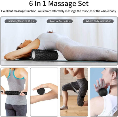 Aucuu 6 in 1 Foam Roller Set Includes Hollow Core Massage Roller, Yoga Stick, Massage Ball, Fitness Stretching Strap, Carrying Bag, Towel, Massage Roller (Orange)