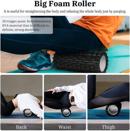 Aucuu 6 in 1 Foam Roller Set Includes Hollow Core Massage Roller, Yoga Stick, Massage Ball, Fitness Stretching Strap, Carrying Bag, Towel, Massage Roller (Orange)