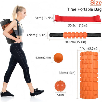 Aucuu 6 in 1 Foam Roller Set Includes Hollow Core Massage Roller, Yoga Stick, Massage Ball, Fitness Stretching Strap, Carrying Bag, Towel, Massage Roller (Orange)
