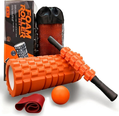 Aucuu 6 in 1 Foam Roller Set Includes Hollow Core Massage Roller, Yoga Stick, Massage Ball, Fitness Stretching Strap, Carrying Bag, Towel, Massage Roller (Orange)