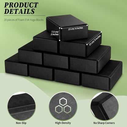 20 Pcs EVA Yoga Blocks Bulk, Non Slip Exercise Brick, Black | Foam Yoga Prop for Pilates Stretching Meditation, Supportive Lightweight Bricks, Women Men Beginners, 20 Pack