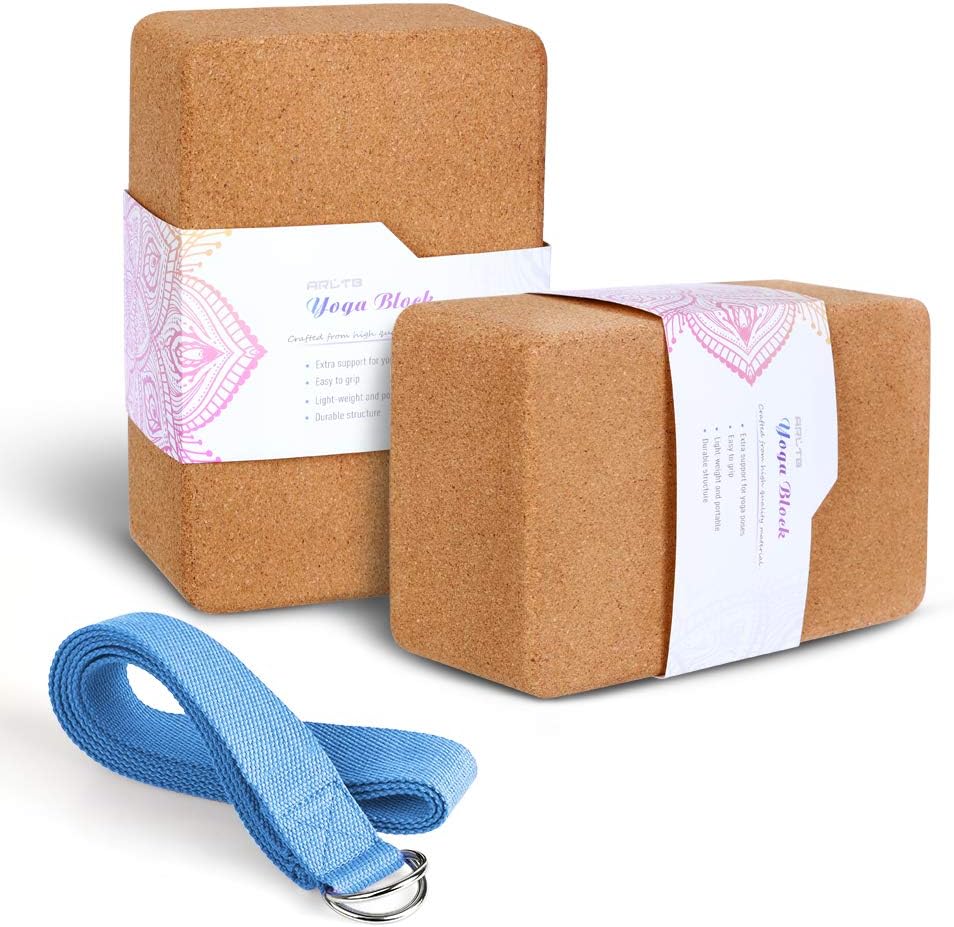 2 Pack Cork Yoga Blocks with Yoga Strap Set - 4 x 6 x 9 inch