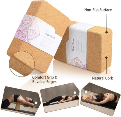 2 Pack Cork Yoga Blocks with Yoga Strap Set - 4 x 6 x 9 inch