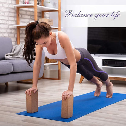 2 Pack Cork Yoga Blocks with Yoga Strap Set - 4 x 6 x 9 inch