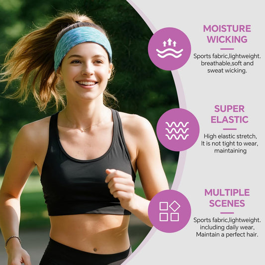 Sweat Headbands for Women - Moisture Wicking Wide Yoga Headband, Non Slip Soft Elastic Sports Headbands for Workout, Running, Gym - 5 Pack Colorful Assorted