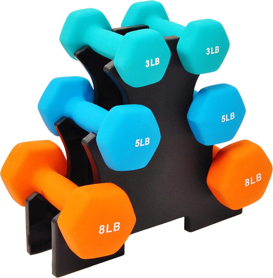 Set of 6 Neoprene Dumbbell Hand Weights, Set with Rack: 3/5/8 Pairs