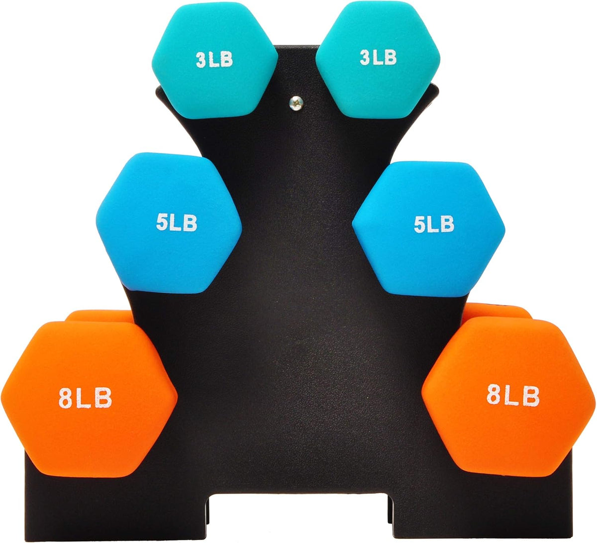Set of 6 Neoprene Dumbbell Hand Weights, Set with Rack: 3/5/8 Pairs
