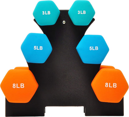 Set of 6 Neoprene Dumbbell Hand Weights, Set with Rack: 3/5/8 Pairs