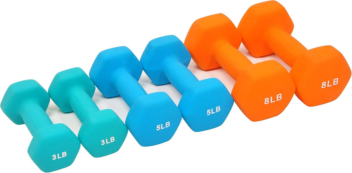 Set of 6 Neoprene Dumbbell Hand Weights, Set with Rack: 3/5/8 Pairs
