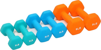 Set of 6 Neoprene Dumbbell Hand Weights, Set with Rack: 3/5/8 Pairs