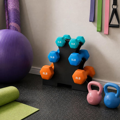 Set of 6 Neoprene Dumbbell Hand Weights, Set with Rack: 3/5/8 Pairs
