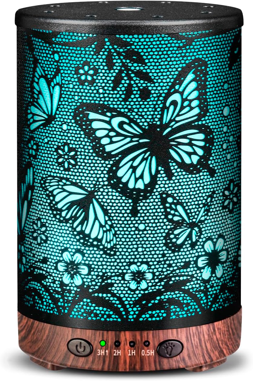 Essential Oil Diffuser 120ML Metal Aromatherapy Diffuser with Timer, Cool Mist Humidifier with Auto Shut-Off & 7 Color Lights for Home Office Spa (Tree)