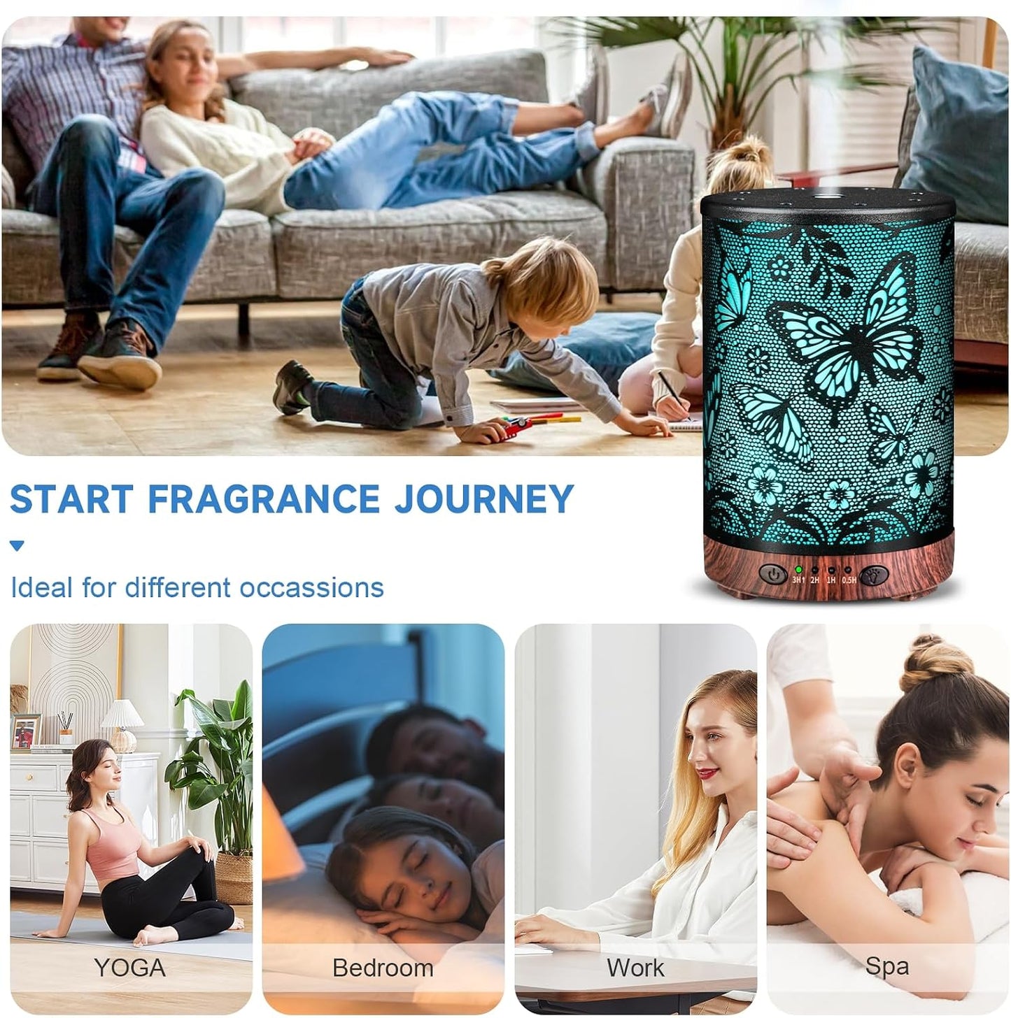 Essential Oil Diffuser 120ML Metal Aromatherapy Diffuser with Timer, Cool Mist Humidifier with Auto Shut-Off & 7 Color Lights for Home Office Spa (Tree)