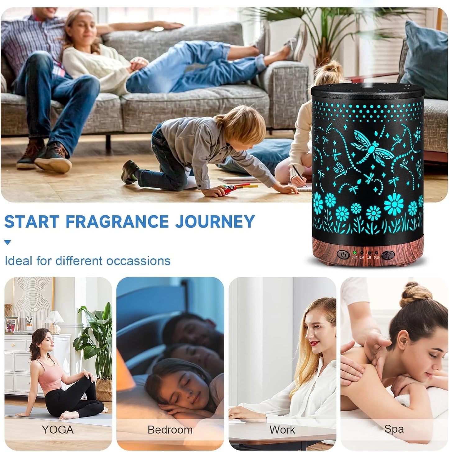 Essential Oil Diffuser 120ML Metal Aromatherapy Diffuser with Timer, Cool Mist Humidifier with Auto Shut-Off & 7 Color Lights for Home Office Spa (Tree)